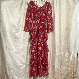 byTiMo Semi Couture Layered Ruffles Feminine Maxi Floral Red‎ Womens Size Medium